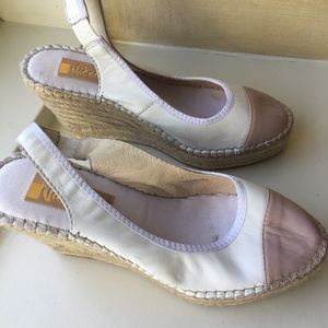 White and Tan Sling-back Espadrille Wedges